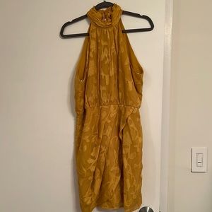 Chic Demeanor Yellow Floral Jacquard Halter Mini Dress